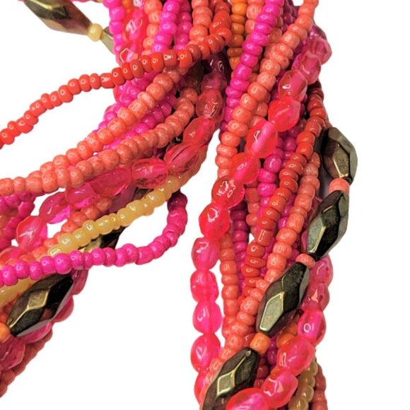 PINK and Orange Necklace, Beaded Twist 13 Strand Bead Necklace - Picture 10 of 10